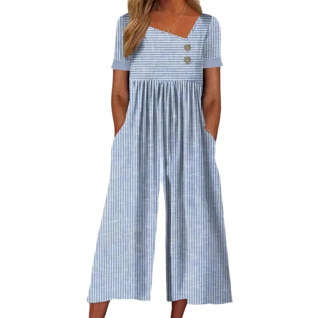 Women's Fashion Temperament Square Collar Printed Jumpsuit  Pre2brand 3XL-Blue