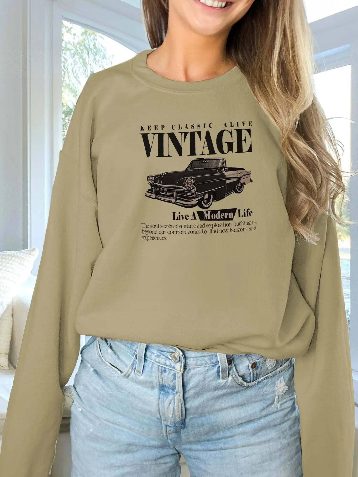 Women's Fashionable Solid Color Printed Long Sleeved Sweatshirt - Pre2brand