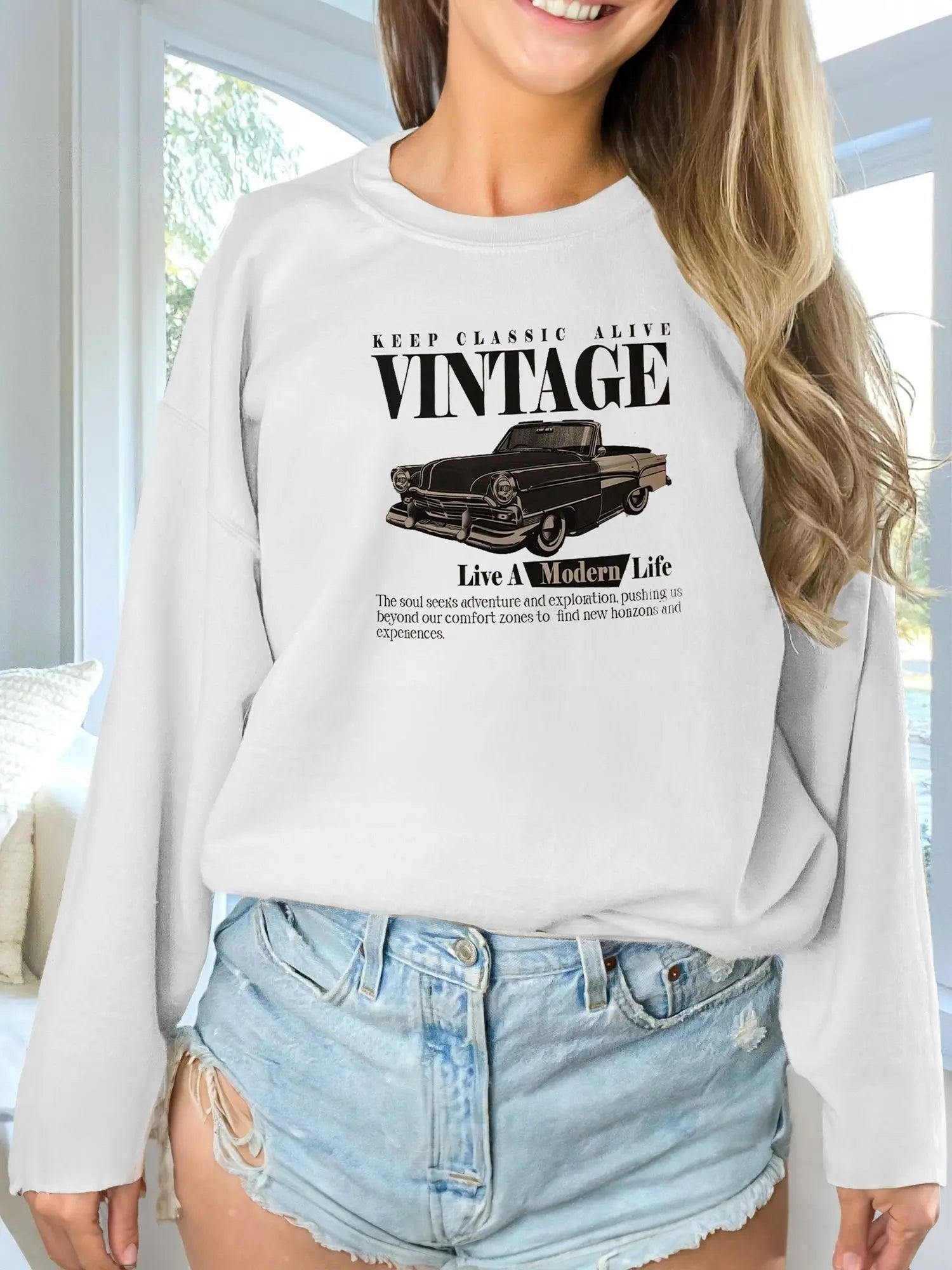 Women's Fashionable Solid Color Printed Long Sleeved Sweatshirt - Pre2brand