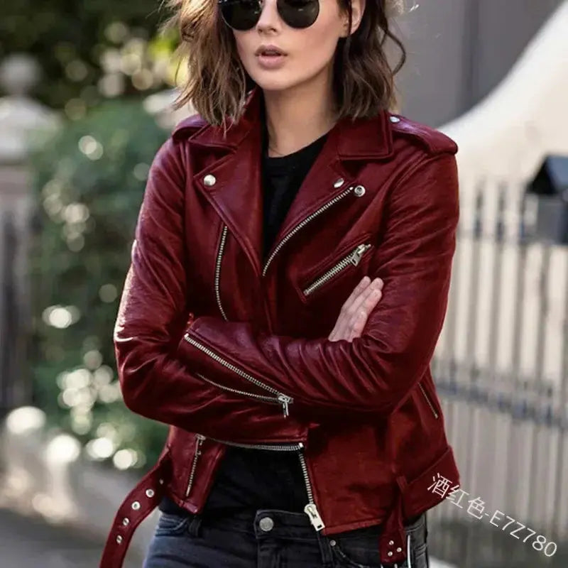 Women's Leather Coat Women Short Slim-Fit New Biker's Leather Jacket Winter Autumn Leather Jackets Coats  Pre2brand XXXL-wine