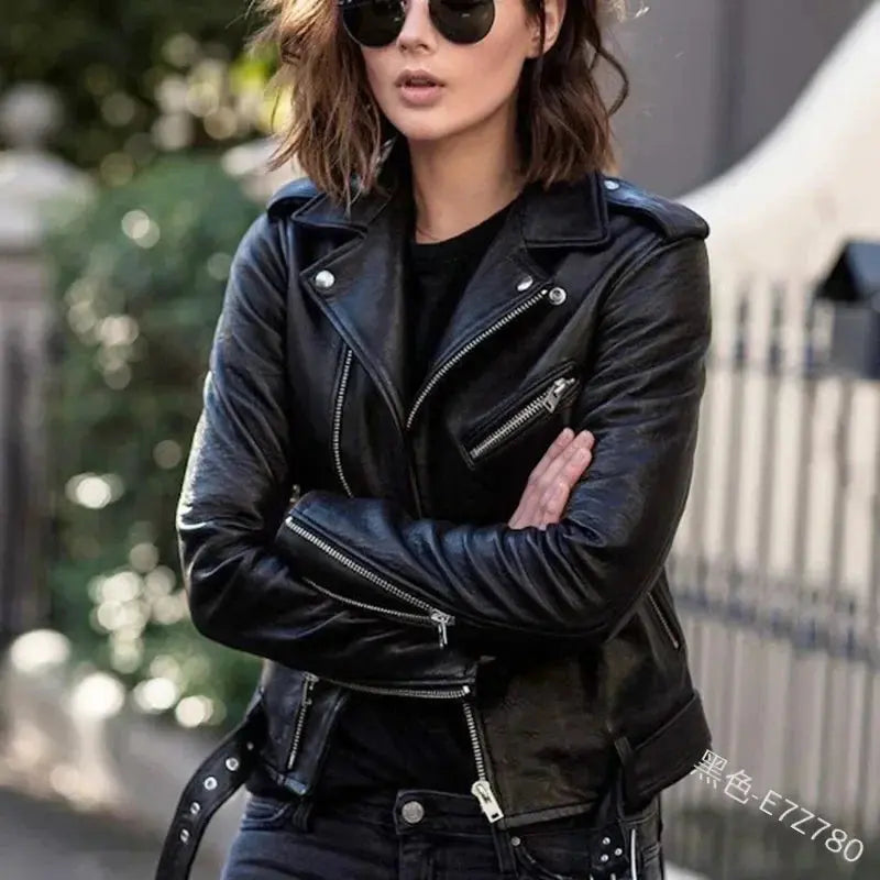 Women's Leather Coat Women Short Slim-Fit New Biker's Leather Jacket Winter Autumn Leather Jackets Coats  Pre2brand XXXL-black