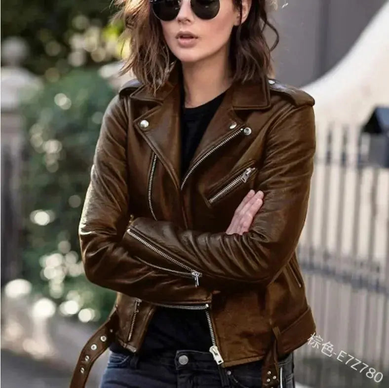 Women's Leather Coat Women Short Slim-Fit New Biker's Leather Jacket Winter Autumn Leather Jackets Coats  Pre2brand XXXL-Brown