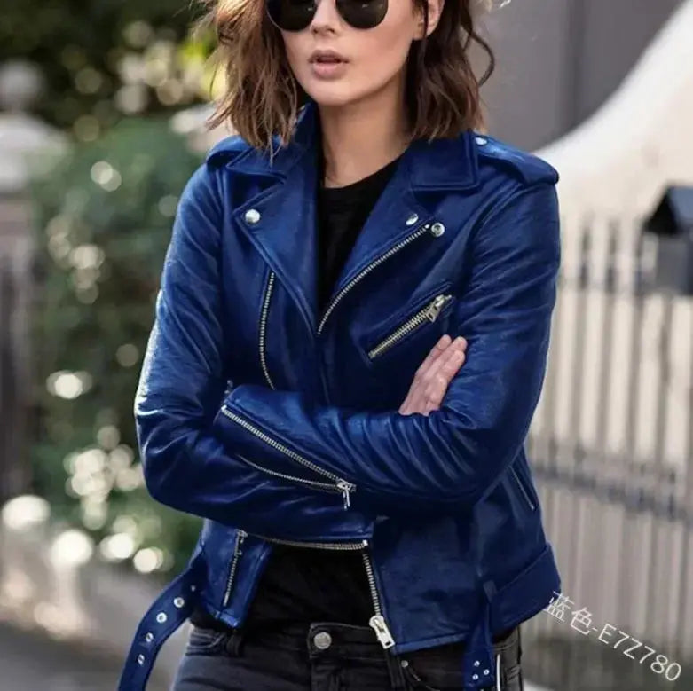 Women's Leather Coat Women Short Slim-Fit New Biker's Leather Jacket Winter Autumn Leather Jackets Coats  Pre2brand XXXL-Blue