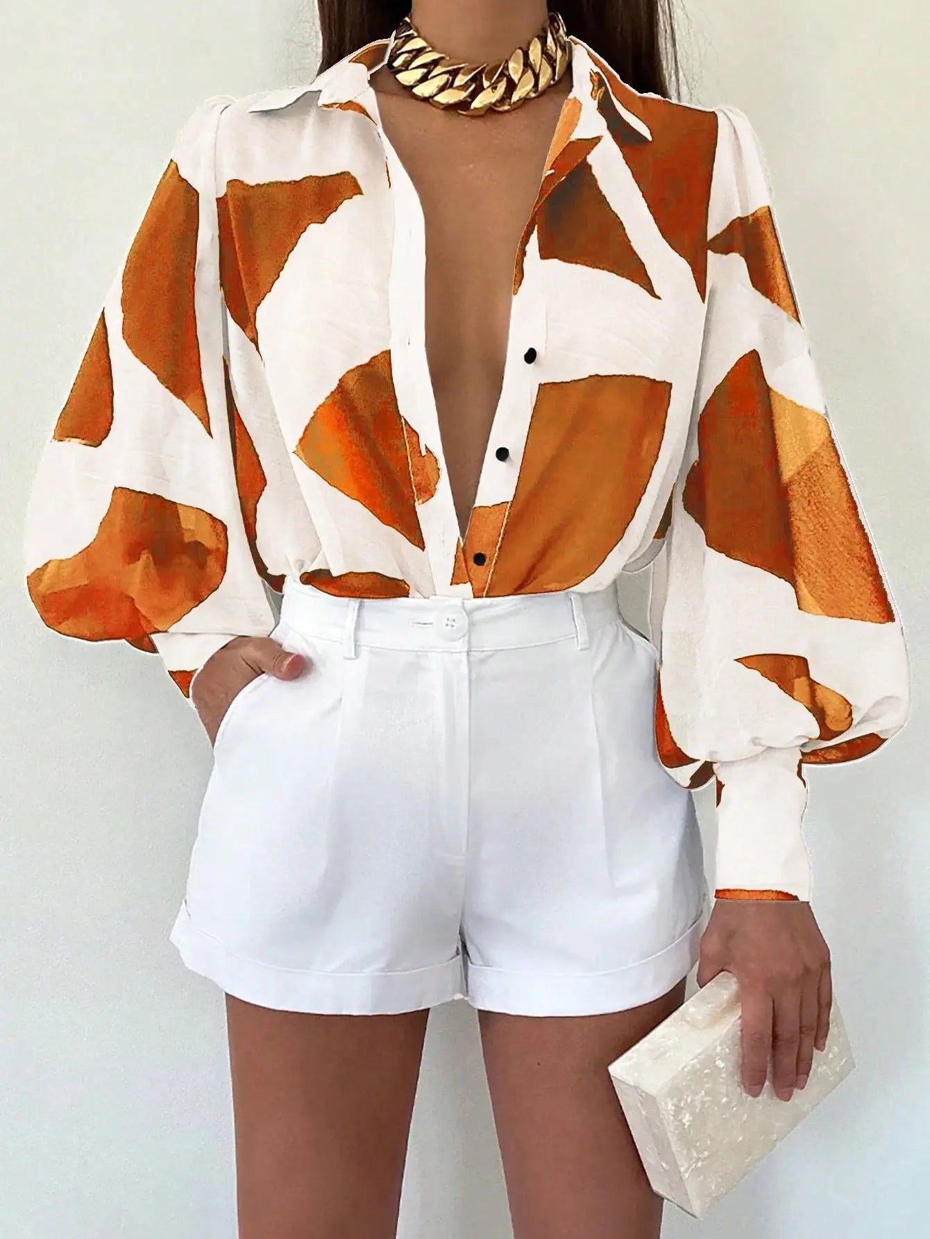 Women's Long Sleeve Allover Print Blouse With Shirt Collar, Casual Everyday  Pre2brand Orange-3XL