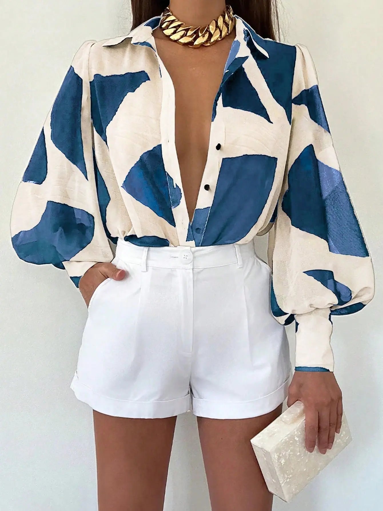 Women's Long Sleeve Allover Print Blouse With Shirt Collar, Casual Everyday  Pre2brand Blue-3XL