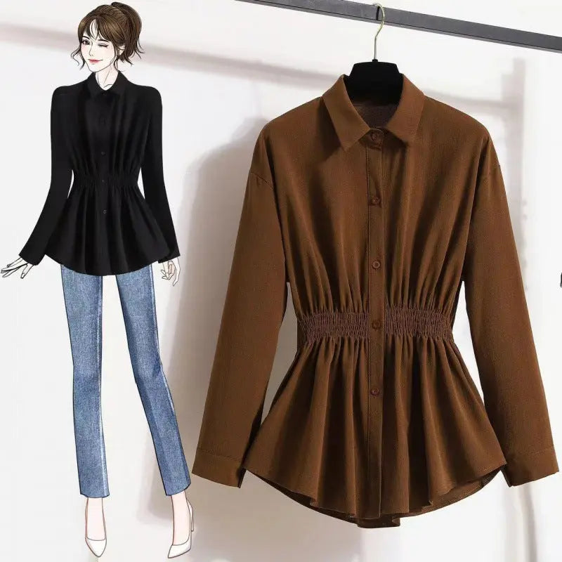 Women's Long Sleeve Casual Fat Hiding Top  Pre2brand Brown-3XL