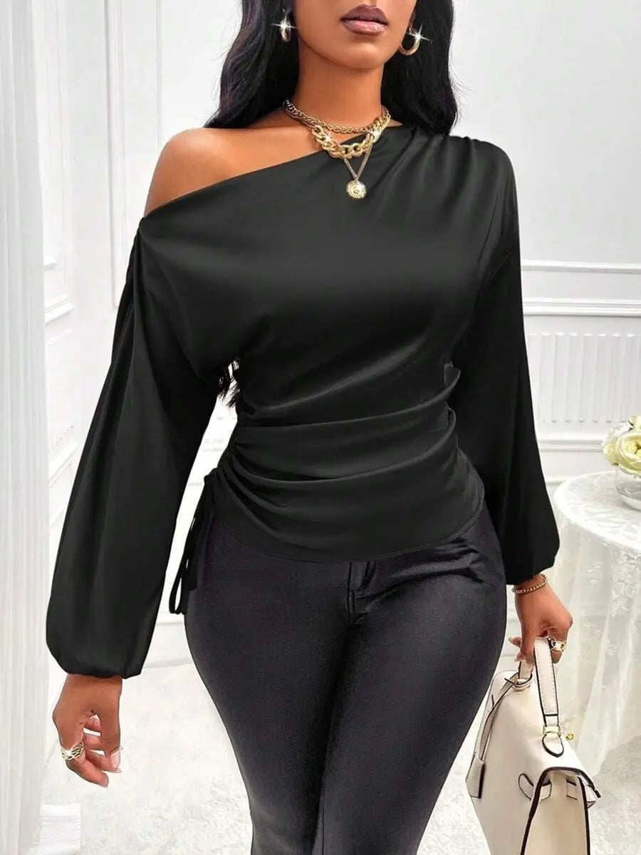 Women's Satin Shirt Asymmetric Long Sleeve Diagonal Collar Shirt Top  Pre2brand Black-XL