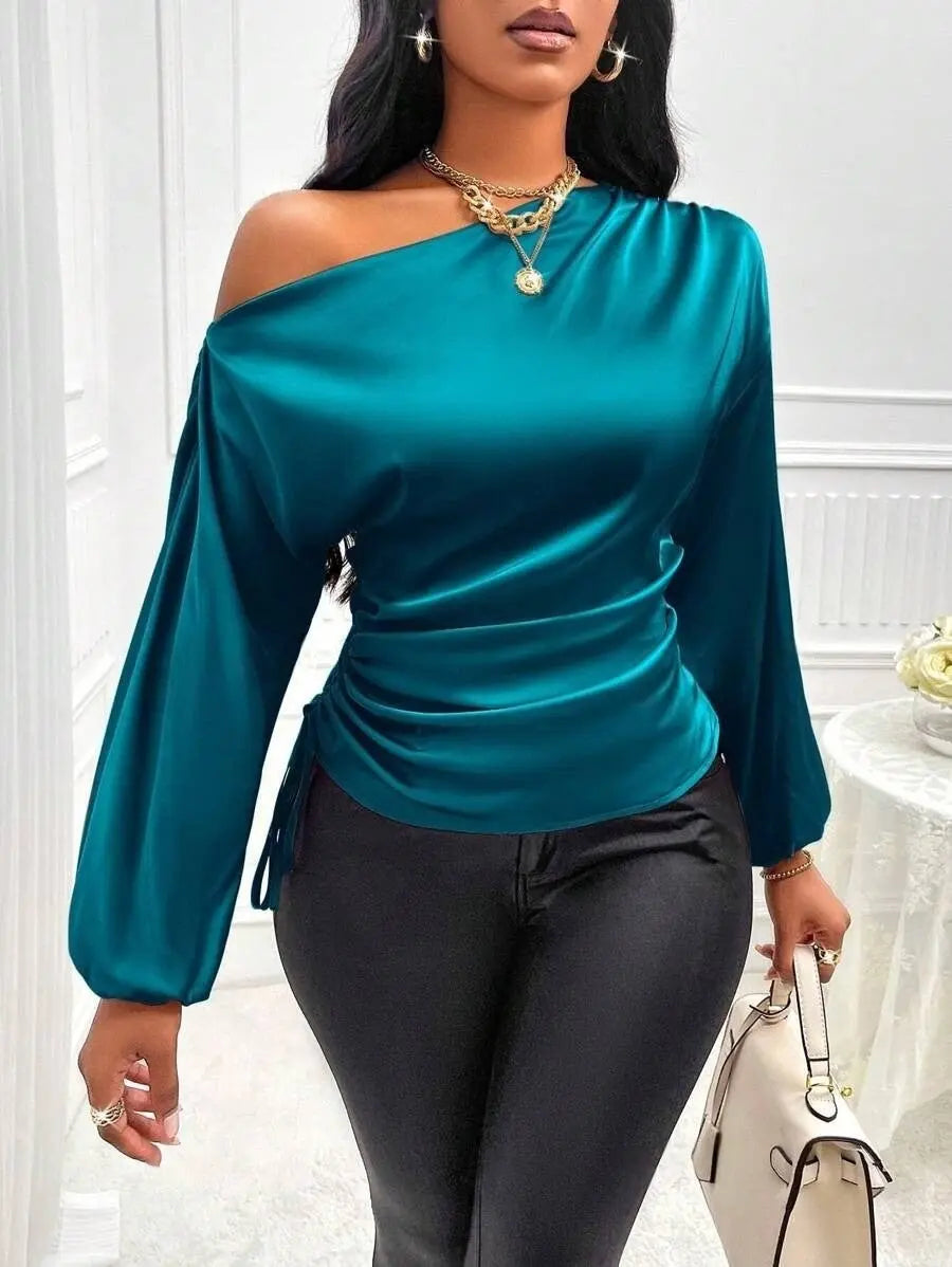 Women's Satin Shirt Asymmetric Long Sleeve Diagonal Collar Shirt Top  Pre2brand Blue-XL