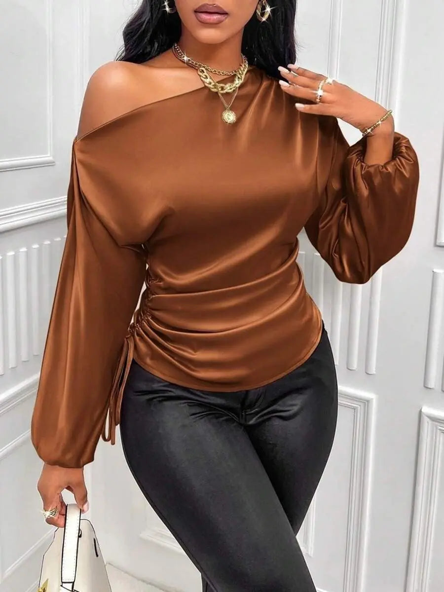 Women's Satin Shirt Asymmetric Long Sleeve Diagonal Collar Shirt Top  Pre2brand Brown-XL