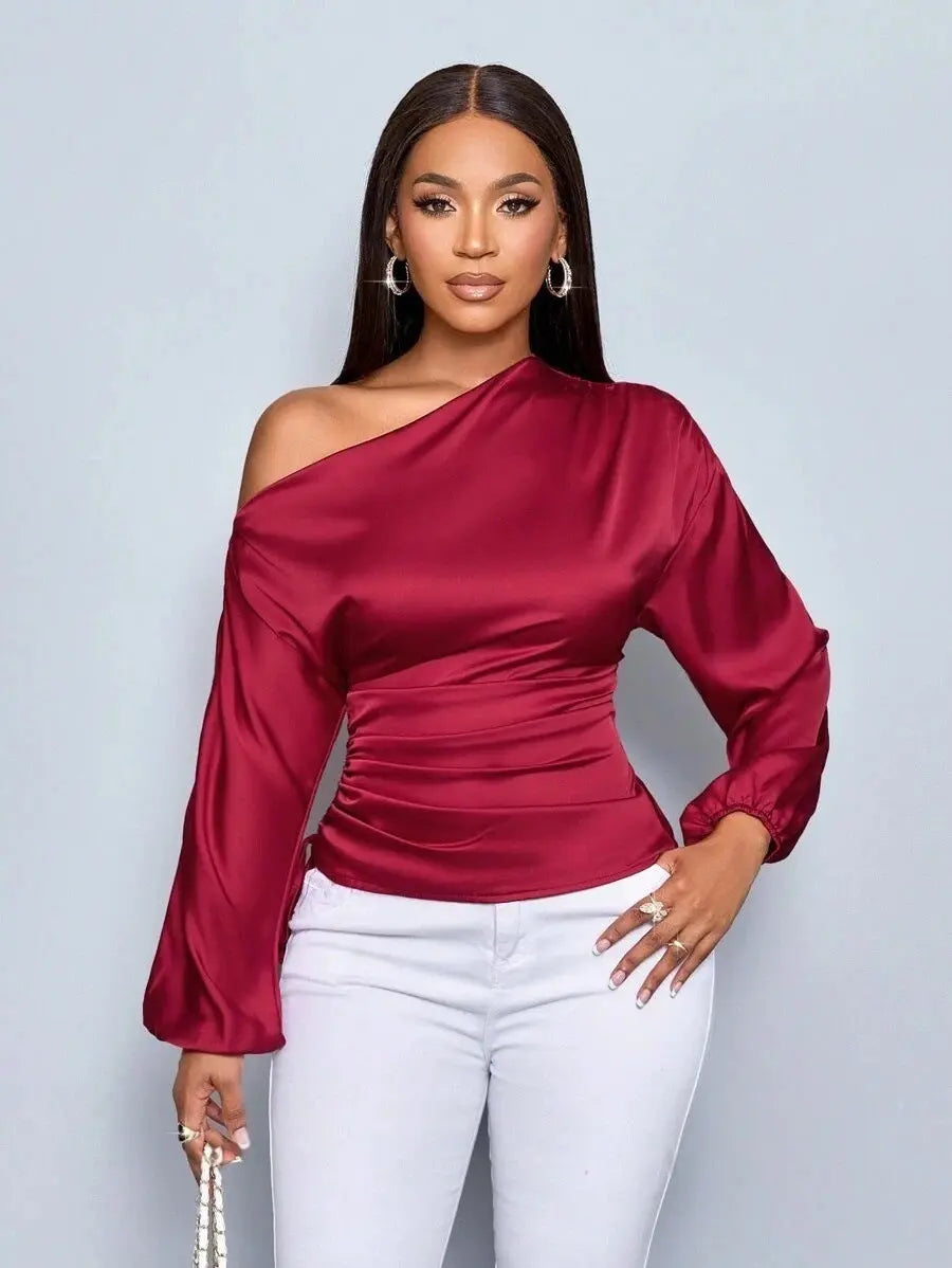 Women's Satin Shirt Asymmetric Long Sleeve Diagonal Collar Shirt Top  Pre2brand Red-XL