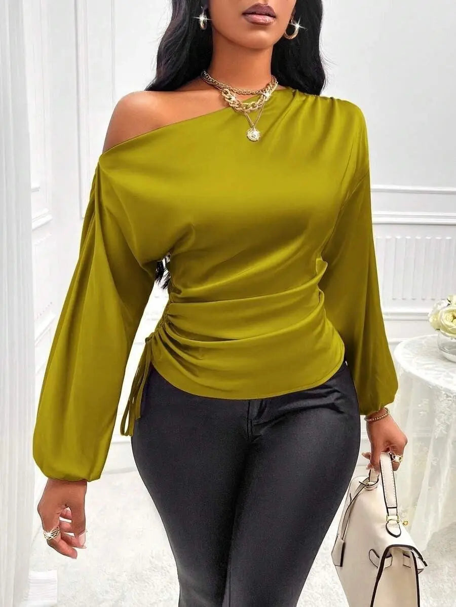 Women's Satin Shirt Asymmetric Long Sleeve Diagonal Collar Shirt Top  Pre2brand Yellow-XL