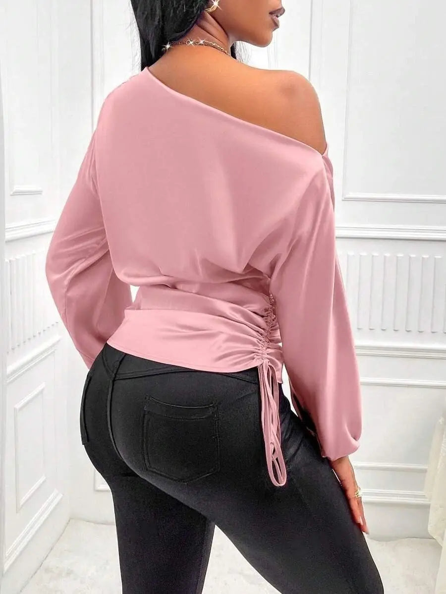 Women's Satin Shirt Asymmetric Long Sleeve Diagonal Collar Shirt Top  Pre2brand Pink-XL