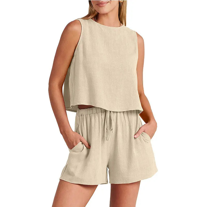 Women's Set Summer Sleeveless Tops And Drawstring Shorts Fashion Suit 2pcs - Pre2brand