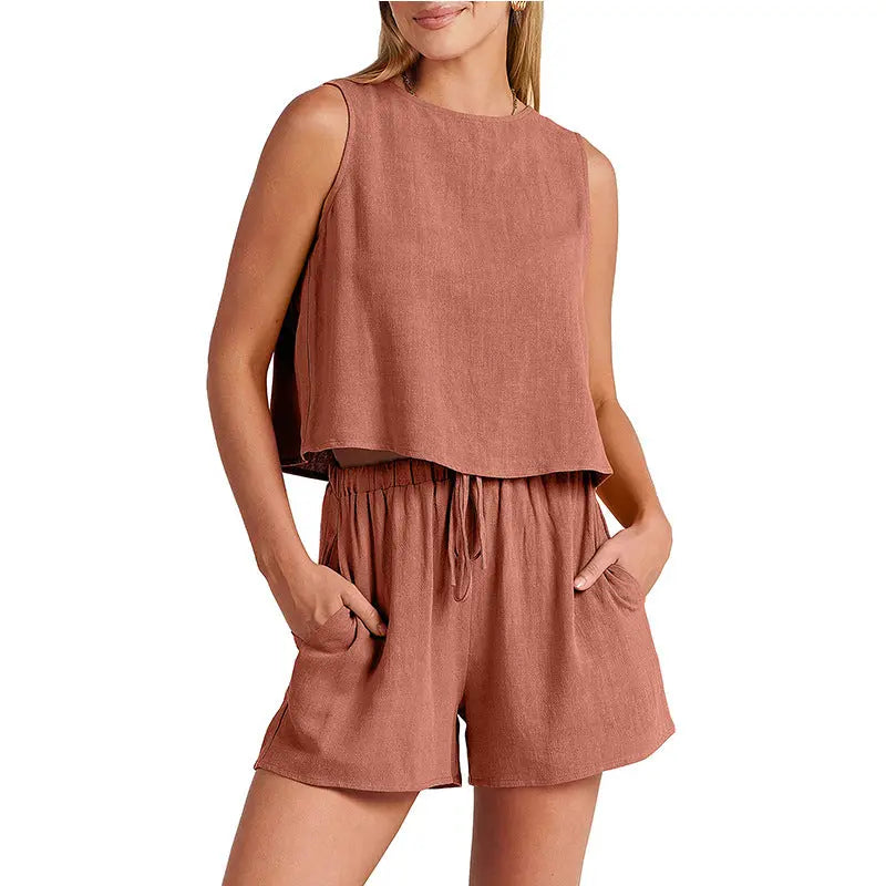 Women's Set Summer Sleeveless Tops And Drawstring Shorts Fashion Suit 2pcs - Pre2brand