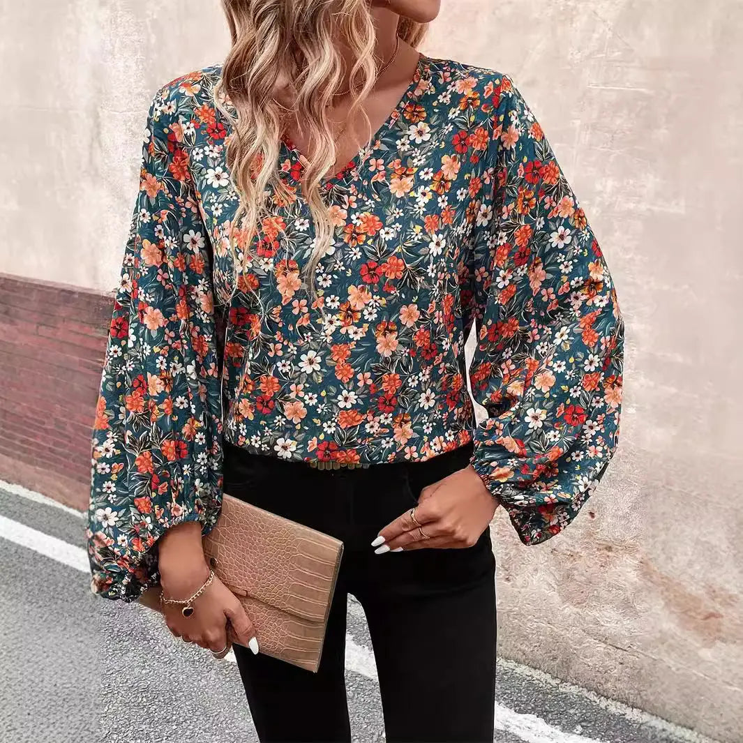 Women's V-neck Long Sleeve Shirt Autumn Women Clothing Casual  Pre2brand Color-XL