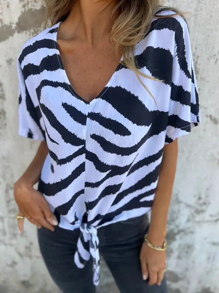 Women's V-neck Print Lace-up Zebra Pattern  Pre2brand White-XXXL