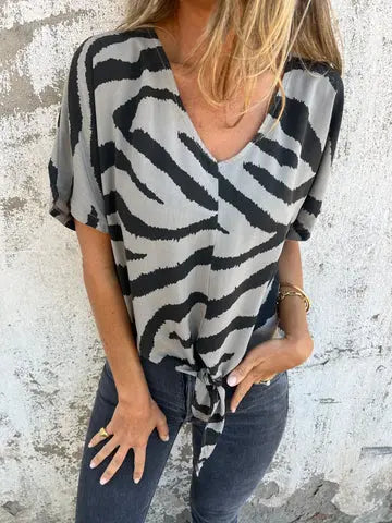 Women's V-neck Print Lace-up Zebra Pattern  Pre2brand Gray-XXXL