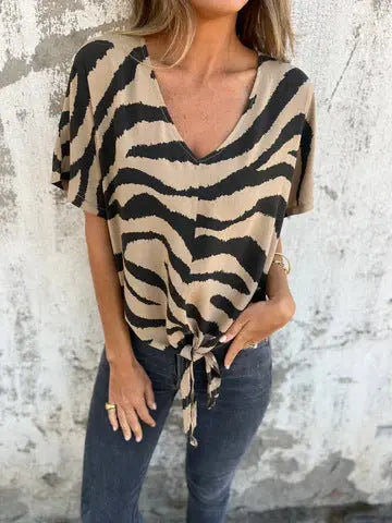 Women's V-neck Print Lace-up Zebra Pattern  Pre2brand Camel-XXXL