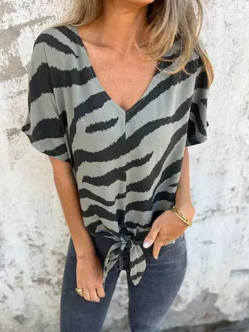 Women's V-neck Print Lace-up Zebra Pattern  Pre2brand Sea-Blue-XXXL