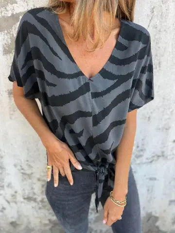Women's V-neck Print Lace-up Zebra Pattern  Pre2brand Dark-Gray-XXXL
