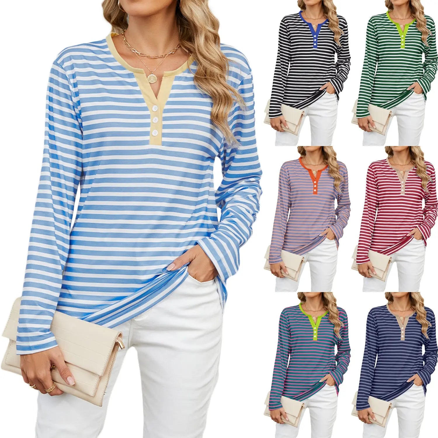 Women's V-neck Striped Loose Long-sleeved T-shirt Top - Pre2brand