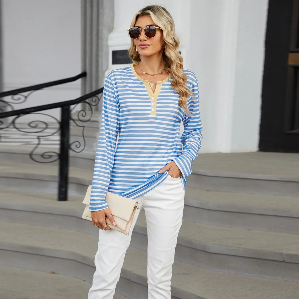 Women's V-neck Striped Loose Long-sleeved T-shirt Top - Pre2brand