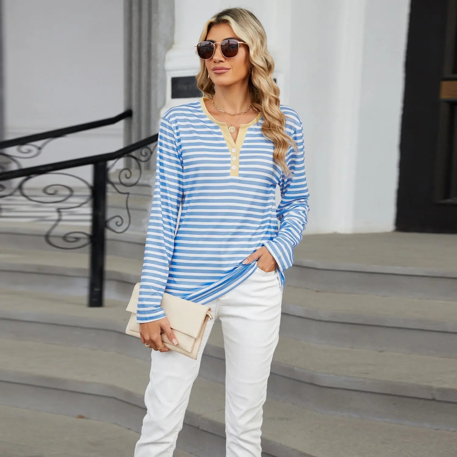 Women's V-neck Striped Loose Long-sleeved T-shirt Top - Pre2brand