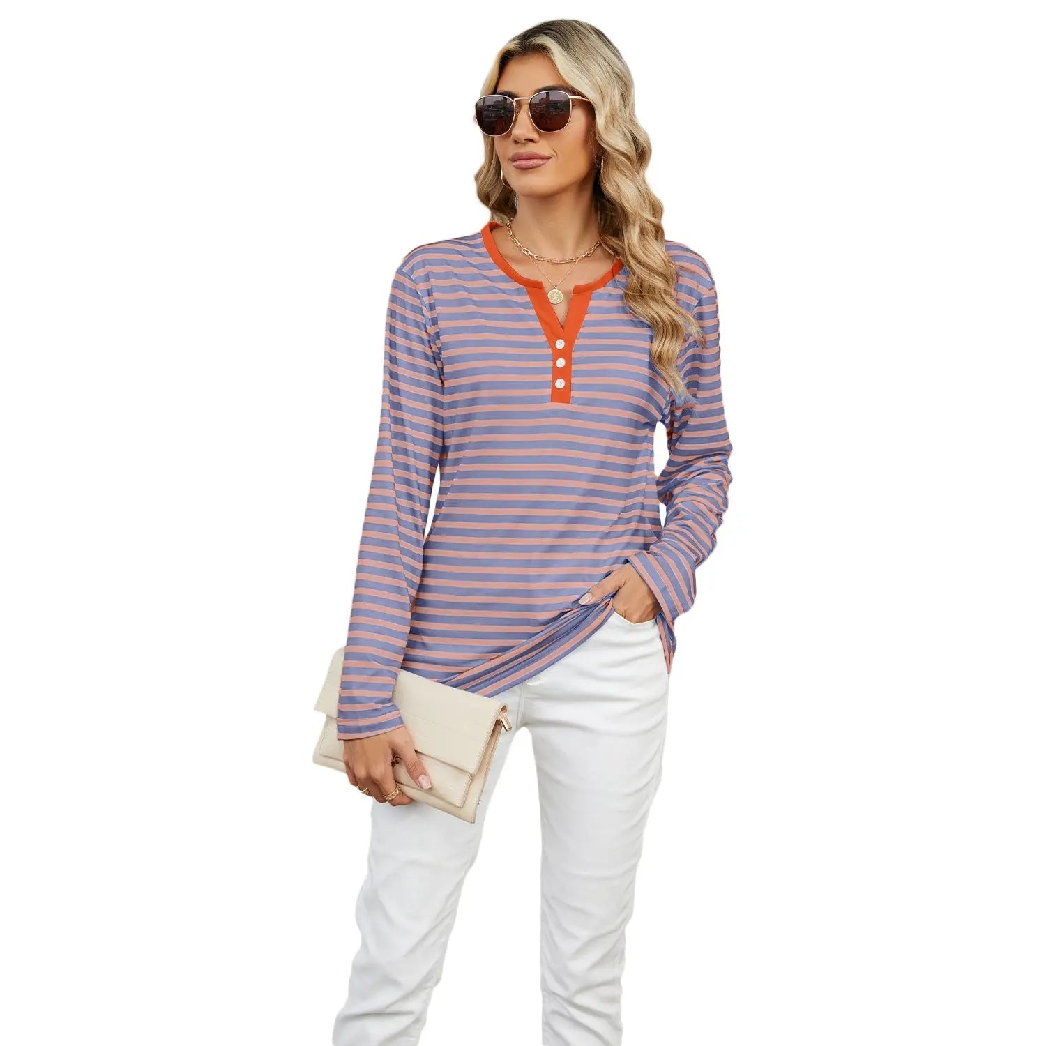 Women's V-neck Striped Loose Long-sleeved T-shirt Top - Pre2brand