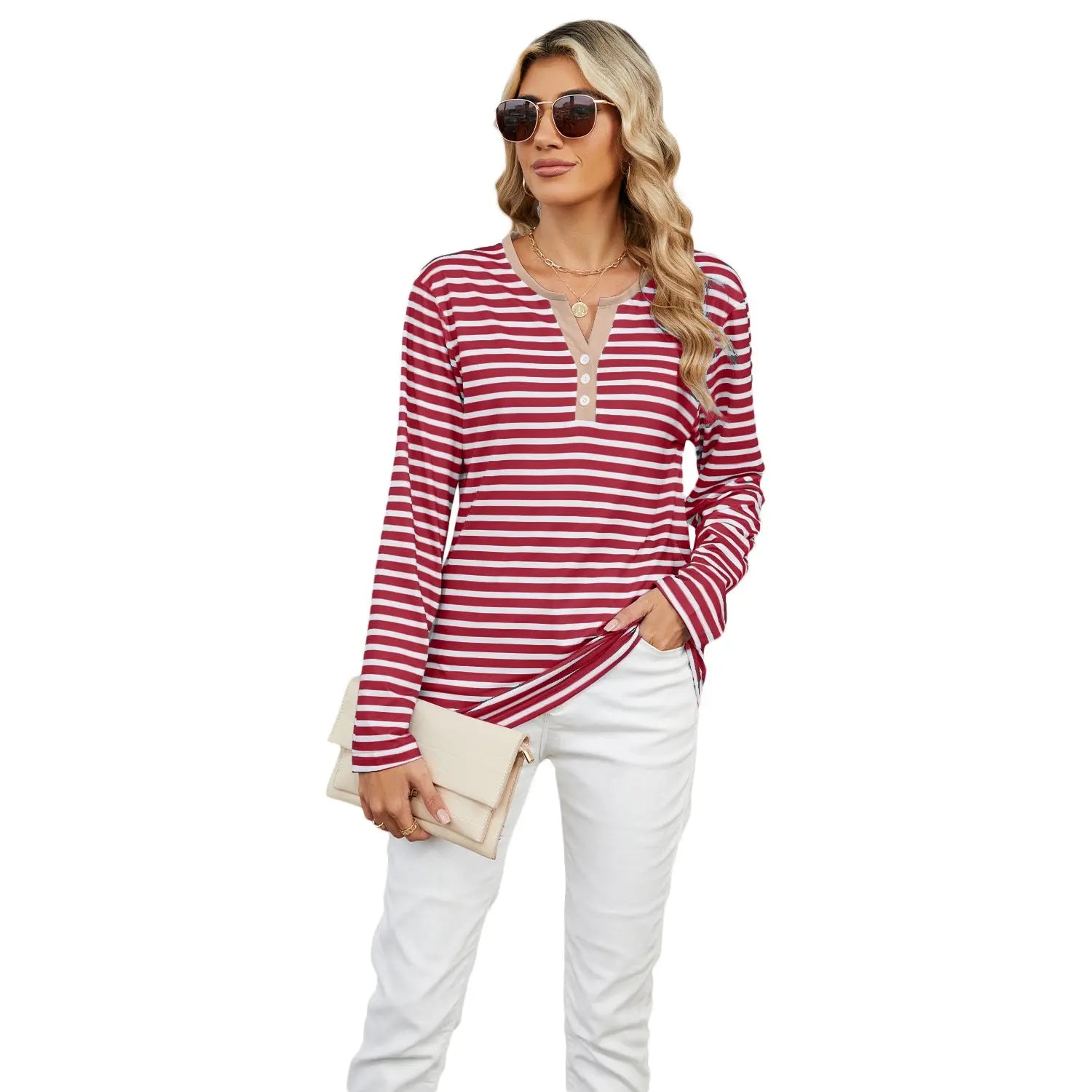 Women's V-neck Striped Loose Long-sleeved T-shirt Top - Pre2brand
