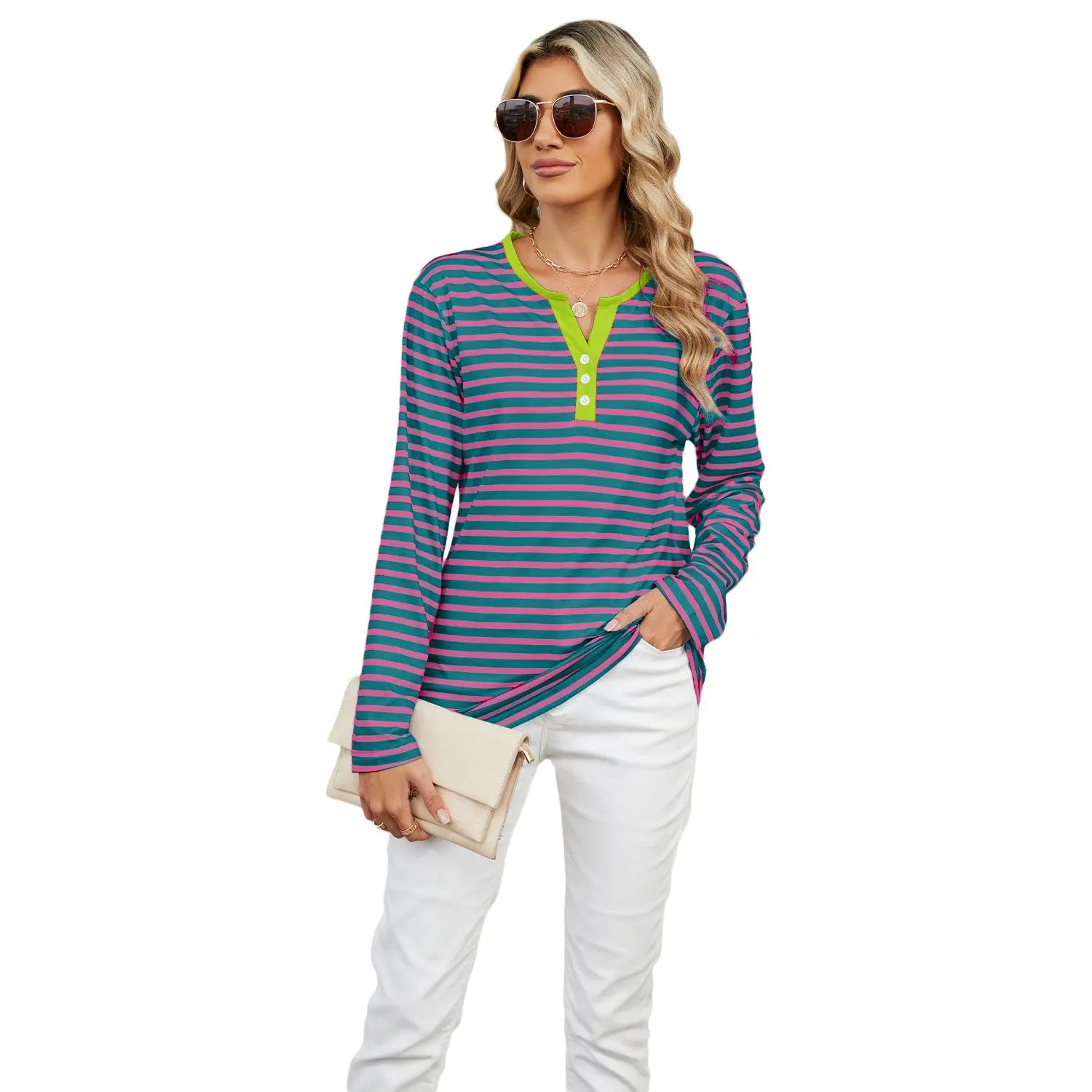 Women's V-neck Striped Loose Long-sleeved T-shirt Top - Pre2brand