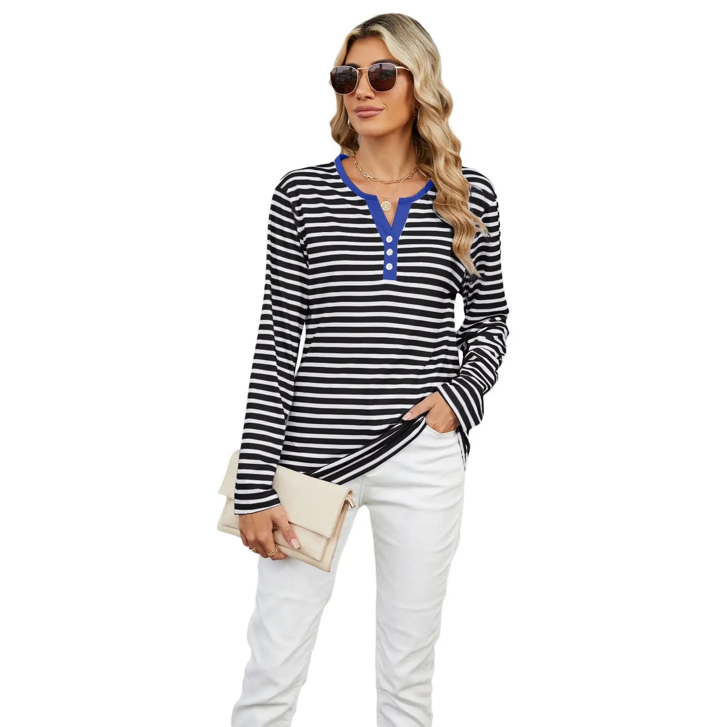 Women's V-neck Striped Loose Long-sleeved T-shirt Top - Pre2brand