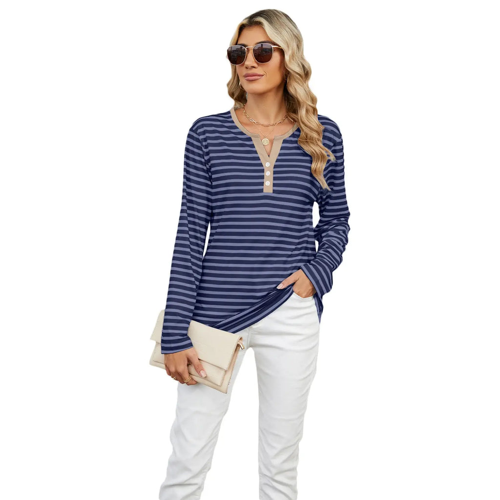 Women's V-neck Striped Loose Long-sleeved T-shirt Top - Pre2brand