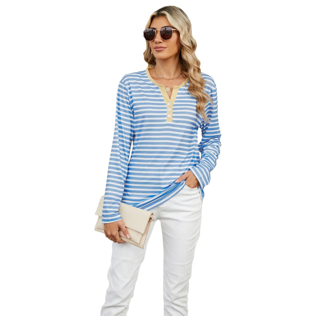 Women's V-neck Striped Loose Long-sleeved T-shirt Top - Pre2brand