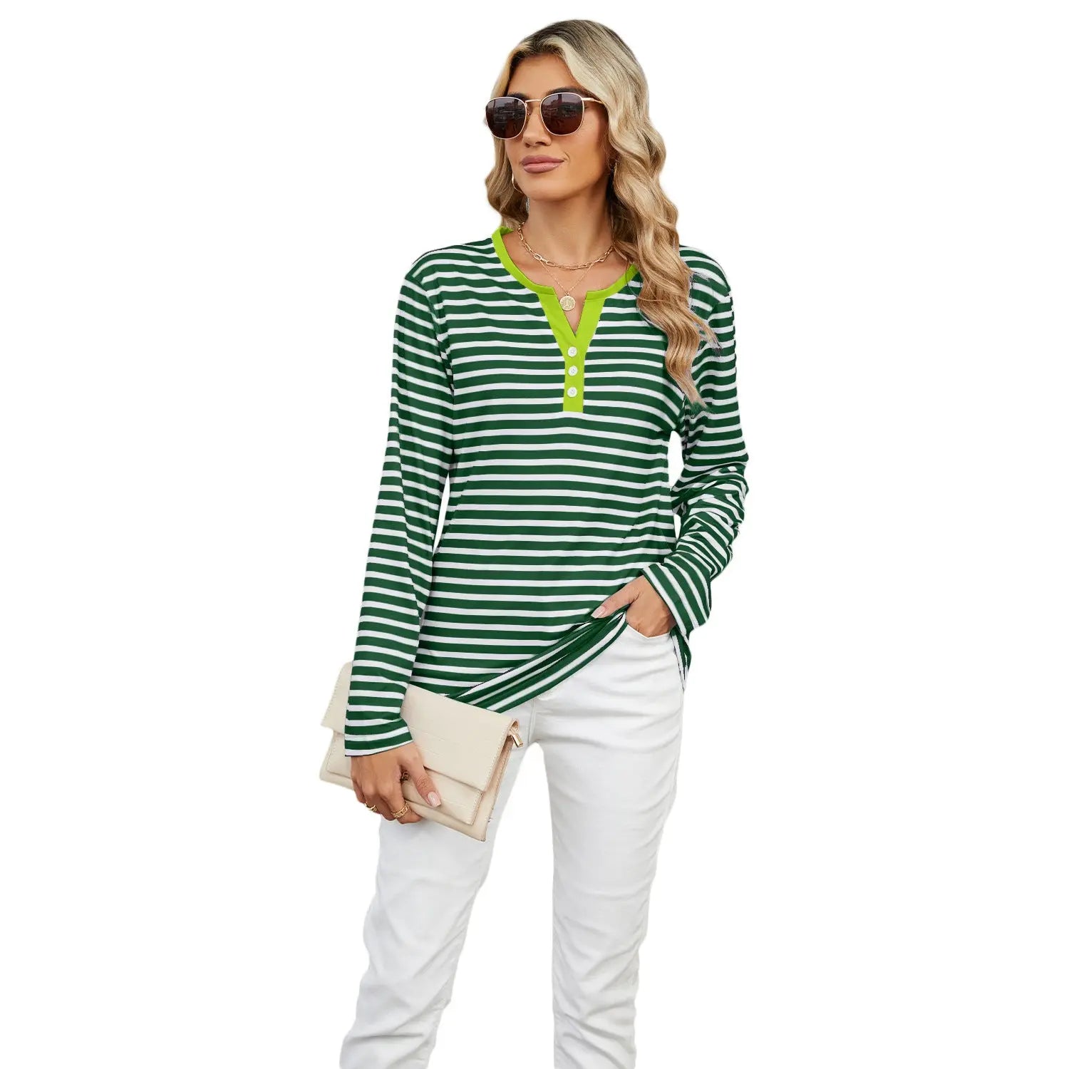 Women's V-neck Striped Loose Long-sleeved T-shirt Top - Pre2brand