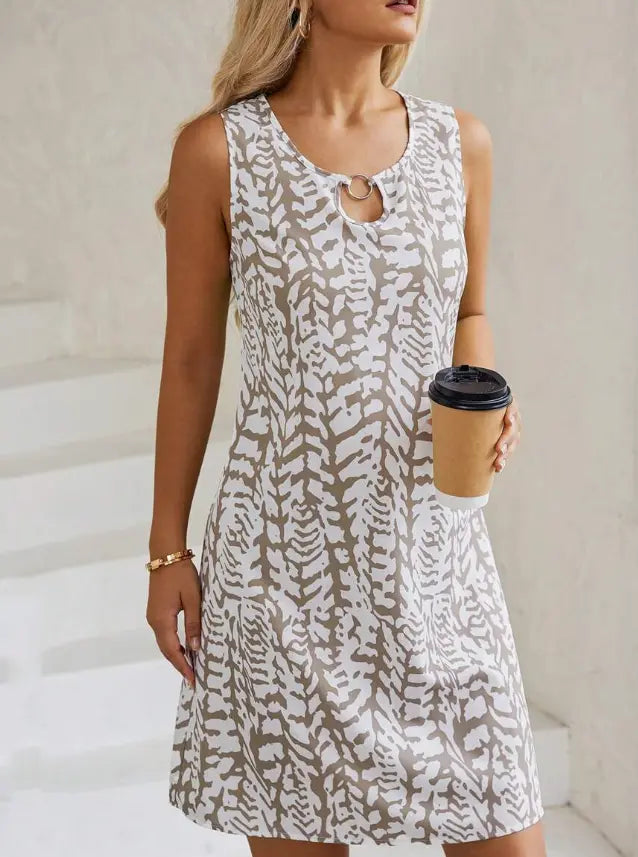 Women's Vintage Print Sleeveless Dress  Pre2brand Khaki-3XL