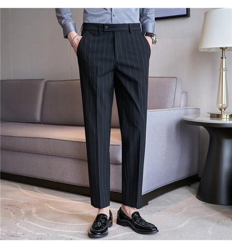 Yarn-dyed Light Luxury Striped Texture Men's Suit Pants Stretch Casual  Pre2brand Black-38