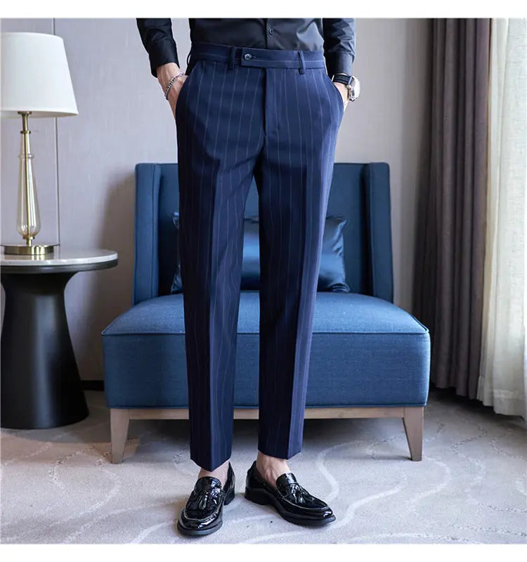 Yarn-dyed Light Luxury Striped Texture Men's Suit Pants Stretch Casual  Pre2brand Blue-38
