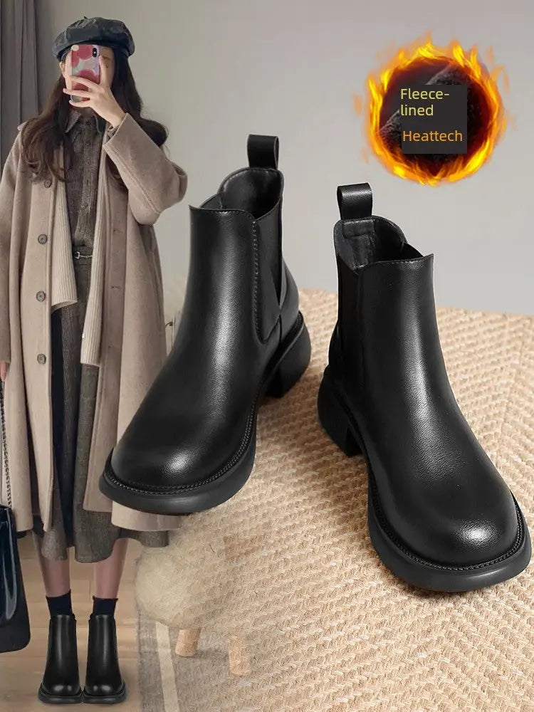 ZHR Black Chelsea Boots for Women 2024 New Arrival Winter Fleece-lined Fancy British Style Leather Mid Heel Ankle Boots  Pre2brand