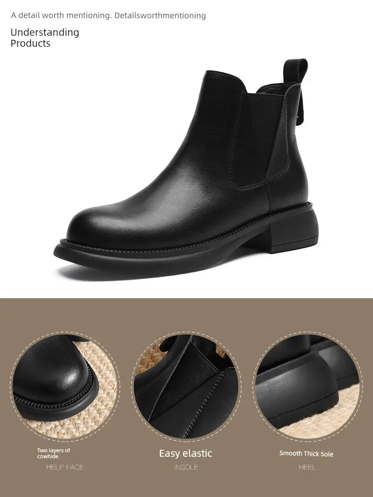 ZHR Black Chelsea Boots for Women 2024 New Arrival Winter Fleece-lined Fancy British Style Leather Mid Heel Ankle Boots  Pre2brand