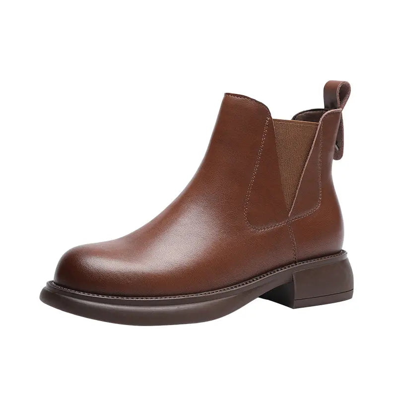 ZHR Black Chelsea Boots for Women 2024 New Arrival Winter Fleece-lined Fancy British Style Leather Mid Heel Ankle Boots  Pre2brand 36-Brown-leather-single