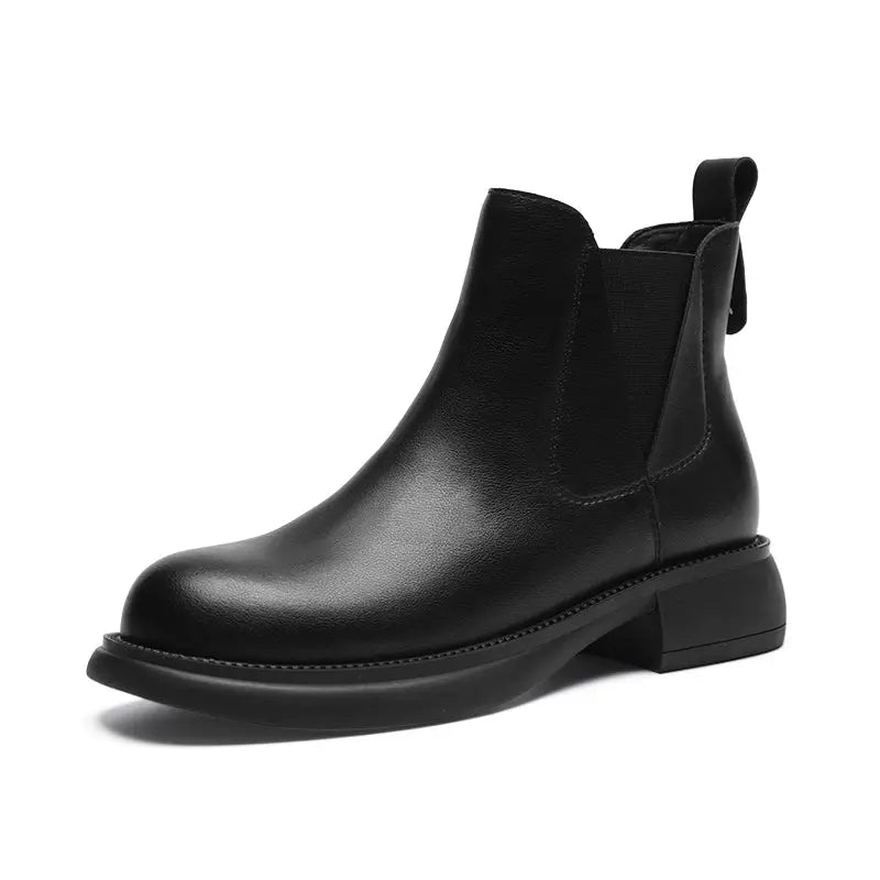 ZHR Black Chelsea Boots for Women 2024 New Arrival Winter Fleece-lined Fancy British Style Leather Mid Heel Ankle Boots  Pre2brand 36-Black-leather-single