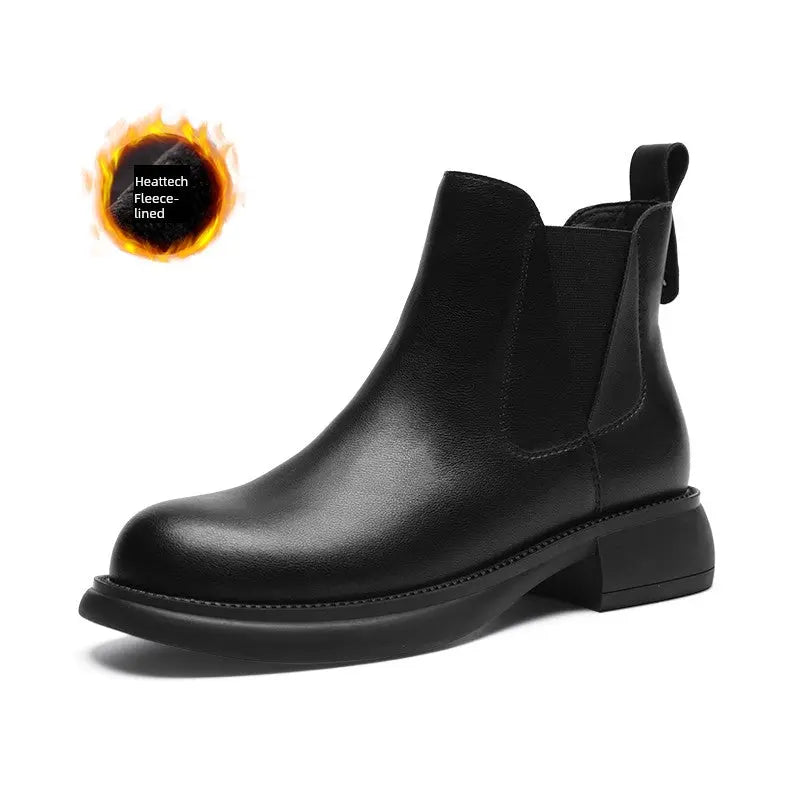 ZHR Black Chelsea Boots for Women 2024 New Arrival Winter Fleece-lined Fancy British Style Leather Mid Heel Ankle Boots  Pre2brand 40-Black-leather-Fleece-lined