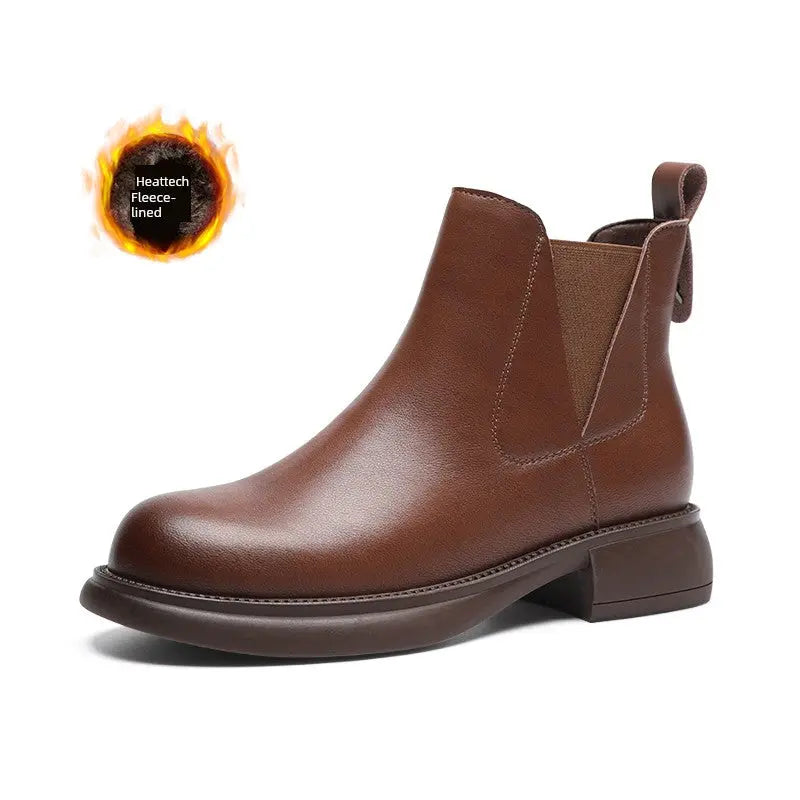 ZHR Black Chelsea Boots for Women 2024 New Arrival Winter Fleece-lined Fancy British Style Leather Mid Heel Ankle Boots  Pre2brand 40-Brown-leather-Fleece-lined