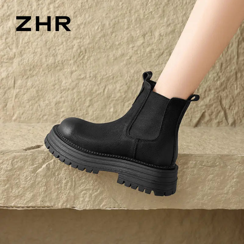 ZHR British Style Ankle Boots Women's 2024 Winter New Arrival Fleece-lined Chelsea Boots Thick Sole Skinny Boots Martin Boots  Pre2brand
