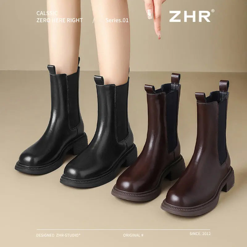 ZHR Chelsea Boots Women's Ankle Boots 2024 New Autumn and Winter Women's Shoes Fleece-Lined British Style Boots Thin Smoke Pipe Boots  Pre2brand