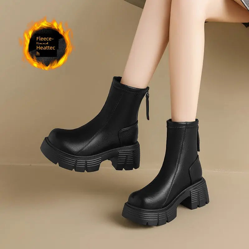 ZHR Fleece-lined Boots Women 2024 Winter New Arrival Raise the Bottom Chelsea Boots British Style Retro Ankle Boots  Pre2brand