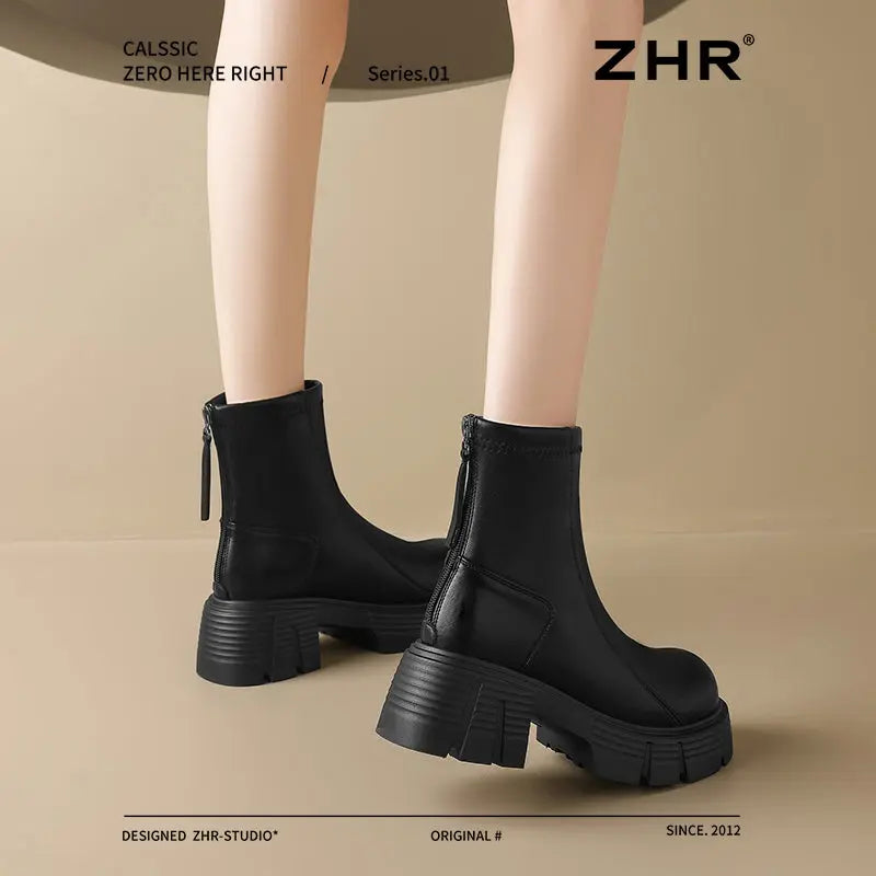 ZHR Fleece-lined Boots Women 2024 Winter New Arrival Raise the Bottom Chelsea Boots British Style Retro Ankle Boots  Pre2brand
