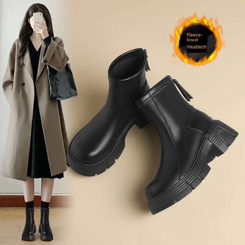 ZHR Fleece-lined Boots Women 2024 Winter New Arrival Raise the Bottom Chelsea Boots British Style Retro Ankle Boots  Pre2brand 35-Black-Fleece-lined-with-high-6cm