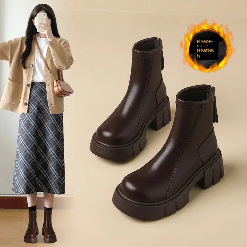 ZHR Fleece-lined Boots Women 2024 Winter New Arrival Raise the Bottom Chelsea Boots British Style Retro Ankle Boots  Pre2brand 37-Brown-Fleece-lined-with-high-6cm