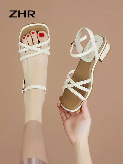 ZHR High Heel Sandals Women's Outwear 2024 Summer New Arrival Strap French Style Temperament with Skirt Chunky Heel Roman Shoes  Pre2brand